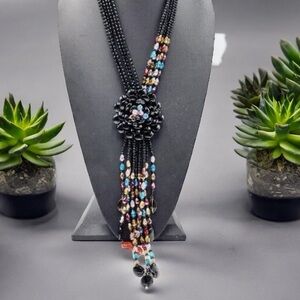 Joan Rivers runway glass cluster flower/black beads rosette